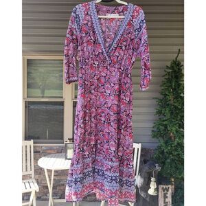 Xirena Midi Dress Women's Medium Tenley Faux Wrap Tiered Floral Boho Sleeves